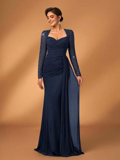 Serin Elegant Luxurious Diamond Design Sheer Long Sleeve Ruched Mermaid Dress, Suitable For Weddings, Parties, Vacations, Bridal, Mother Of The Bride, Evening Gowns