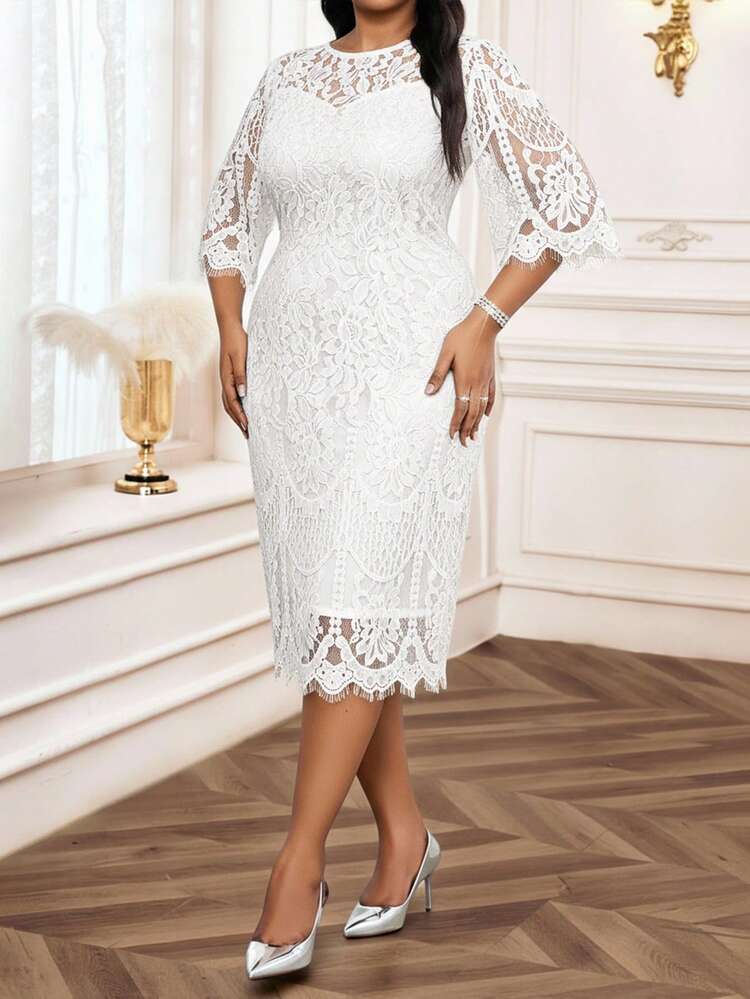 SHEIN Lady Plus Size White Elegant Floral Lace Dress For Women,Summer Bridal Wedding Party,Formal Graduation New Year Christmas Outfits,Little White Dress - White - View 3
