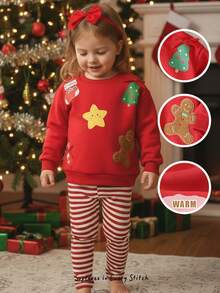 Cozy Pixies Bộ 2 quần legging kẻ sọc cổ tròn in hình cây thông Noel và người bánh gừng cho bé gái - Đỏ - Xem 1