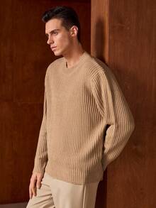 Officeau 白悦男士秋冬复古老钱风针织毛衣，宽松圆领纹理套头衫 - 卡其色 - 查看 6