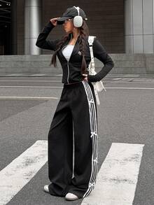 Glowzi Teen Girls Ribbon Bow Decor Loose Fit Black Casual Pants, Versatile And Fashionable For Daily Wear - Black - View 3