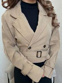 Jemour 女式卡其色短款休闲宽松夹克（配腰带）、秋季外套、秋季大衣、秋装、邮轮女装、返校装 - 卡其色 - 查看 3