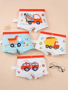 4pcs/Pack Boys' Cartoon Car Print Elastic Waist Casual Boxer Briefs - Multicolor - View 1