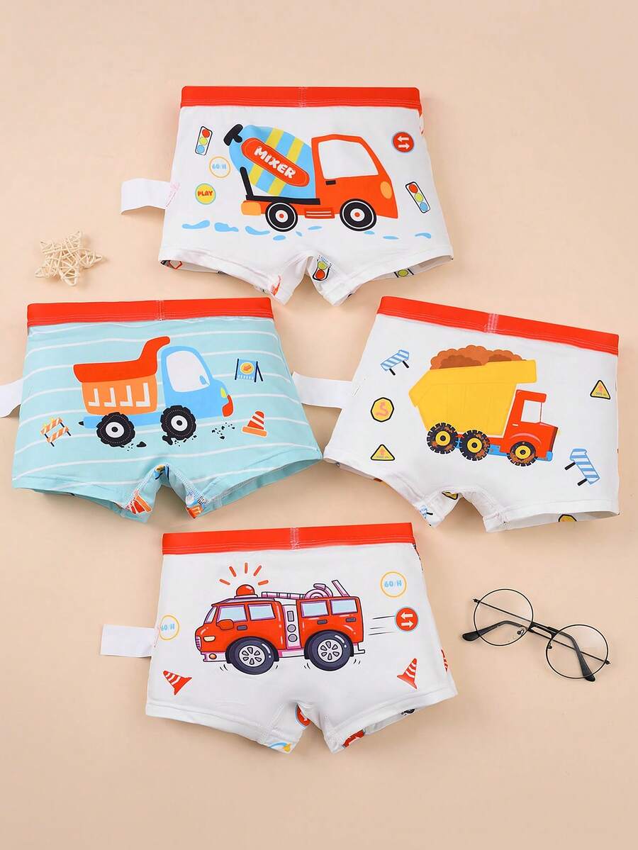 4pcs/Pack Boys' Cartoon Car Print Elastic Waist Casual Boxer Briefs - Multicolor - View 1