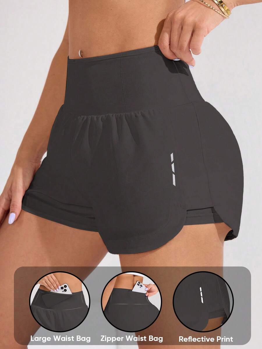 Easithlete 女士弹力腰带口袋宽松休闲双层短裤高腰健身短裤女士运动短裤 - 深灰色 - 查看 1