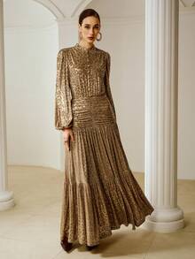 ZEYLAH Elegant Ruffle Waist Dress For Women - Champagne - View 5