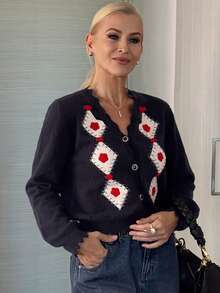 Vivie Lora Women's Geometric Rhombus Pattern Cardigan - Black - View 6