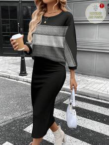 SHEIN LUNE Damski, swobodny, minimalistyczny zestaw do pracy, z okrągłym dekoltem, luźną, długą bluzką i dopasowaną spódnicą maxi, 2 sztuki, wygodny na jesień/zimę - Wielokolorowe - Zobacz 1