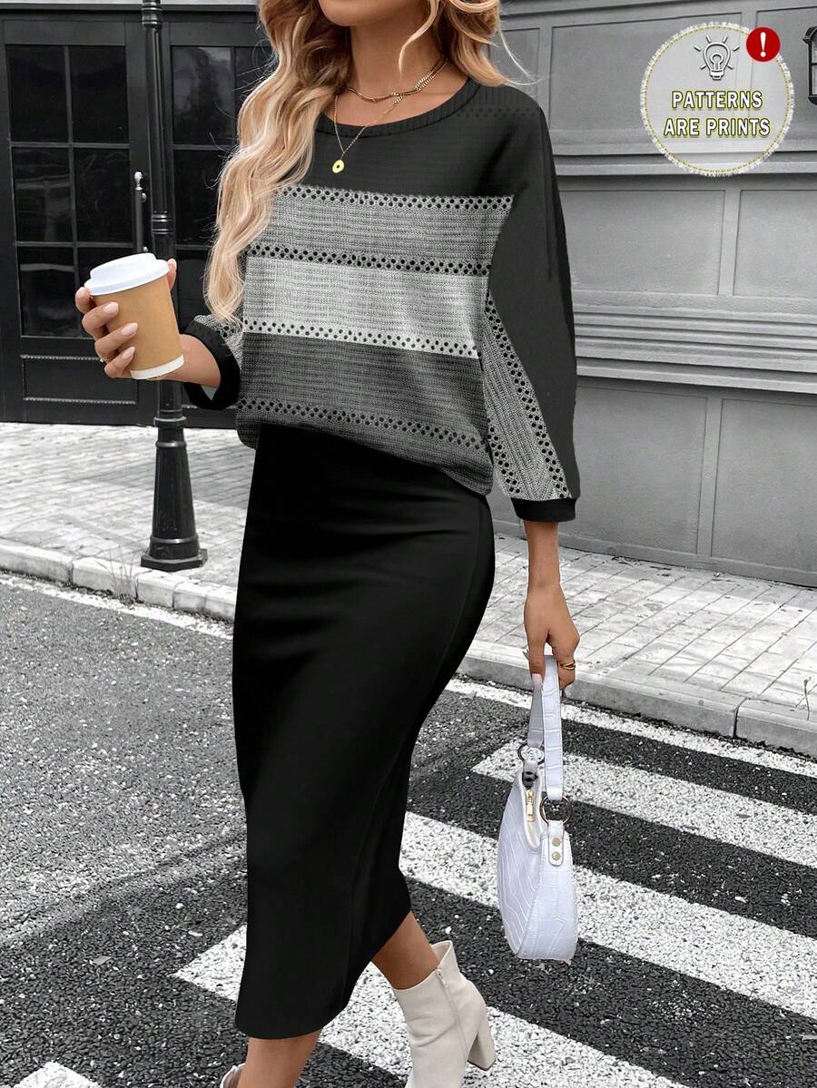 SHEIN LUNE Damski, swobodny, minimalistyczny zestaw do pracy, z okrągłym dekoltem, luźną, długą bluzką i dopasowaną spódnicą maxi, 2 sztuki, wygodny na jesień/zimę - Wielokolorowe - Zobacz 1