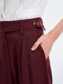 Aalyst 女士优雅高端正式办公通勤休闲曲线商务休闲度假下午茶居家舒适亚麻质感中高腰金属D形环口袋宽松直筒裤，适合秋、春、冬三季穿着。 - 紫紅色 - 查看 2