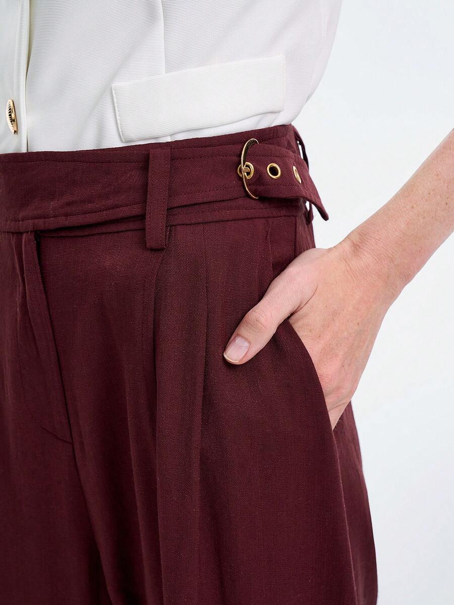 Aalyst 女士优雅高端正式办公通勤休闲曲线商务休闲度假下午茶居家舒适亚麻质感中高腰金属D形环口袋宽松直筒裤，适合秋、春、冬三季穿着。