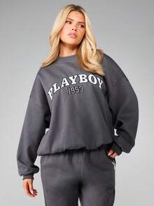 Missguided x Playboy 宽松圆领卫衣，复古图案印花，适合日常休闲穿着 - 灰色 - 查看 1