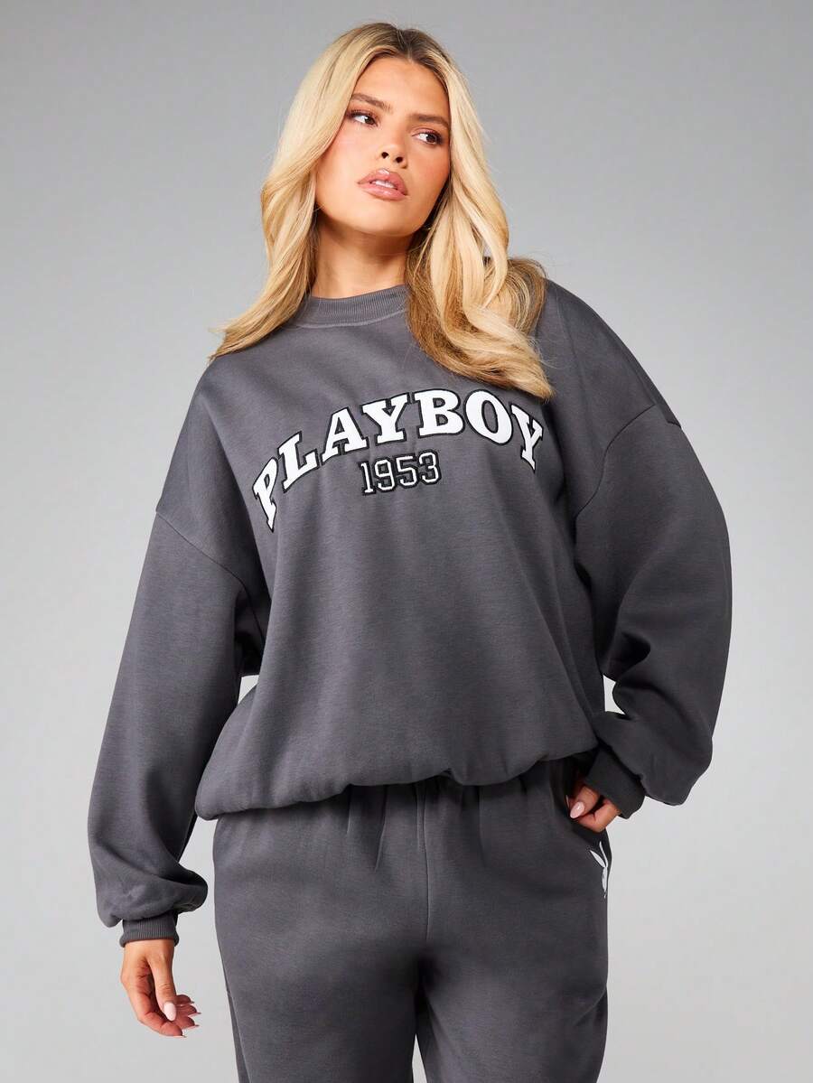 Missguided x Playboy 宽松圆领卫衣，复古图案印花，适合日常休闲穿着 - 灰色 - 查看 1