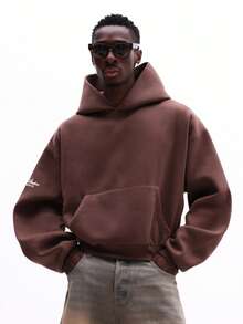 SUMWON Regular Oversized Hoodie With Centre Pocket And Drawstring Hood For Casual Streetwear Plain - Brown - View 2