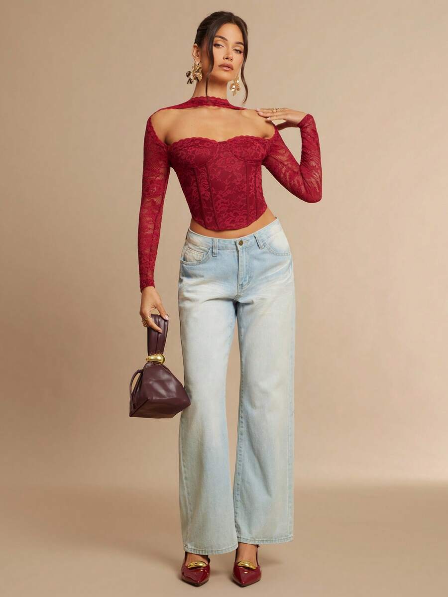 Silquee Elegant Solid Red Lace Trim Fitted Top, Sexy Custom Lingerie Top For Women, Women's Lace-Trimmed Long-Sleeved Top, Music Holiday Bra Top, Concert Attire, Suitable For Everyday Dates, Evening Outings, Nightclubs, Parties, Gatherings, Cocktail Parties, Back-To-School Season Attire, School Uniform, Holiday Clothing, And Office Commuting Clothing.