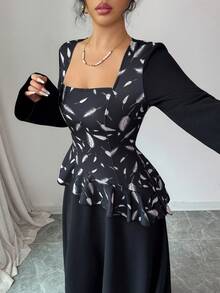 SHEIN Elenzya Elegant Romantic Women's Dress With Square Collar, Waist Cinching, Fabric Patchwork, A-Line Ruffle Hem, Suitable For Halloween, Autumn