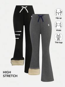 SHEIN 2pcs Tween Girls Casual Versatile All-Match Flared Thermal Lined Pants, Black & Gray - Multicolor - View 4