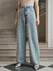 Anewsta 女士时尚高腰串珠直筒宽松阔腿牛仔裤，适合圣诞节、新年派对，优雅、别致、时尚、休闲、外出穿着 - 淺藍色 - 查看 5
