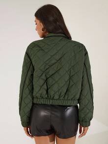 Franclia Chaqueta acolchada holgada de mujer en color verde militar con bloques de color, solapa, botones metálicos y cremallera, estilo casual de moda, hombros caídos, manga larga, puños elásticos, decoración de borde con bloques de color, bajo elástico, forrada, adecuada para capas, juegos de rol, salidas de Año Nuevo, primavera/otoño/invierno - Verde militar - Ver 2