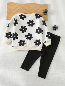 Cozy Pixies 2pcs Baby Girl Floral Print Knit Soft Crew Neck Long Sleeve Sweatshirt And Elastic Waist Pants Set - Black and White - View 2