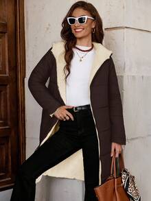 SHEIN Clasi 女式拉链连帽泰迪熊衬里绗缝大衣（秋冬） - 咖啡棕 - 查看 4