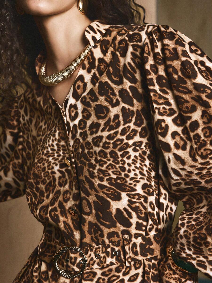 Revavyn 女式雪纺长袖V领豹纹休闲通勤连衣裙，春秋季 - 彩色 - 查看 1