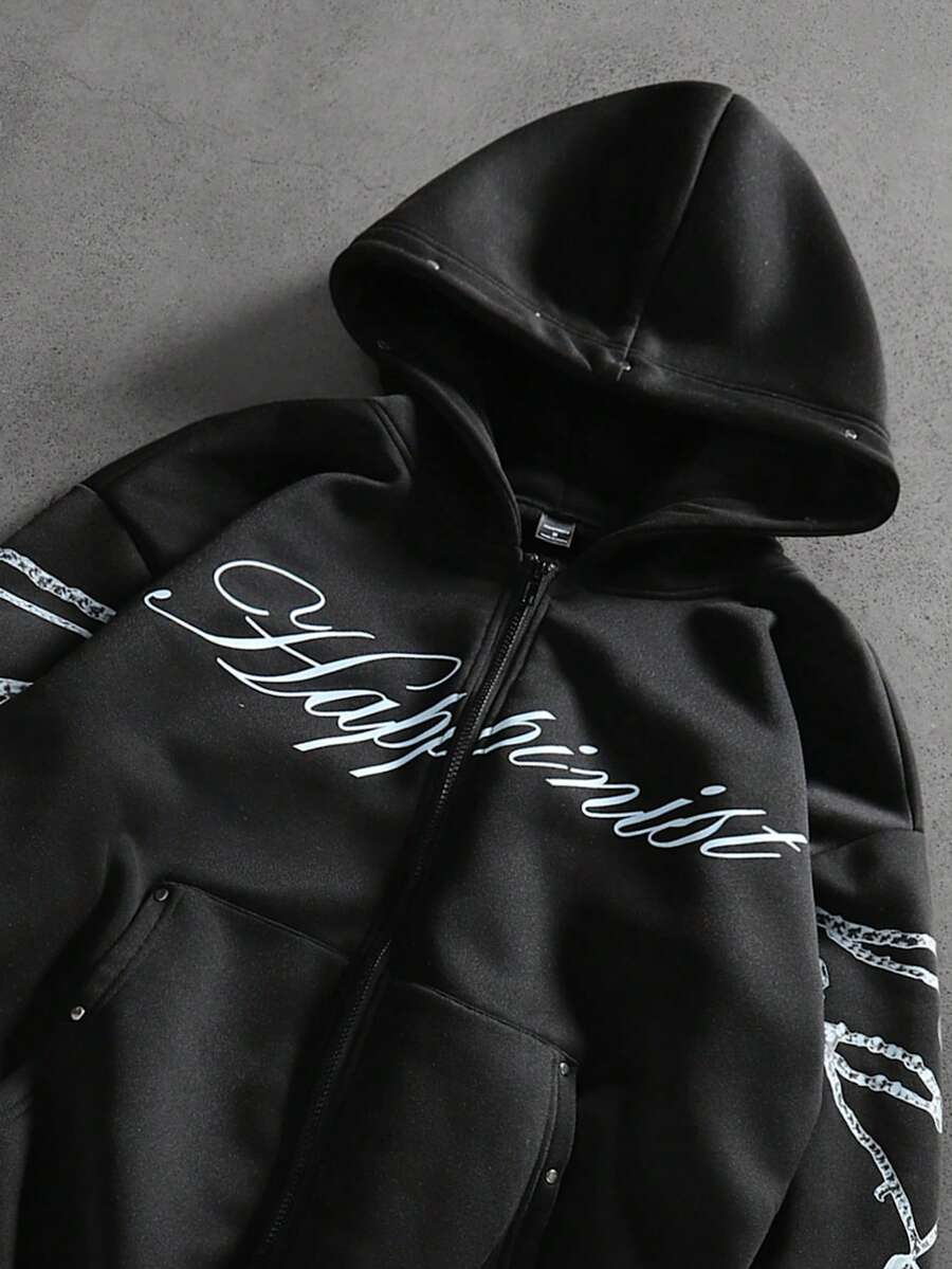 Manfinity EMRG Îmbrăcăminte casual pentru bărbați maturi, hanorac cu model japonez din fleece, hanorac cu fermoar negru, versatil, pentru purtare zilnică, streetwear, top cu mânecă lungă