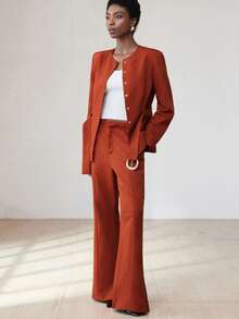 Aveloria Modichic 女士简约纯色长袖上衣和裤子两件套套装，通勤装 - 橘色 - 查看 3