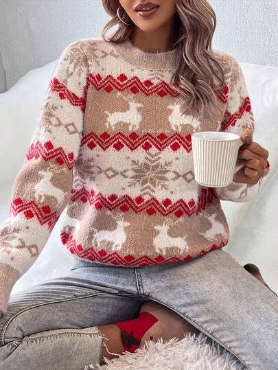 Suéter casual de cuello redondo con estampado navideño, otoño/invierno