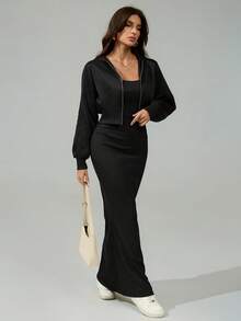 SHEIN Tall Ladies' Two Pieces Multicolor Jacket And Cami Dress Set - Black - View 5