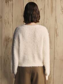EMERY ROSE Cardigan corto a maniche lunghe in maglia con scollo tondo, spalle cadenti, bottoni frontali, di colore unito, alla moda, per donna - Bianco - Visualizzare 8