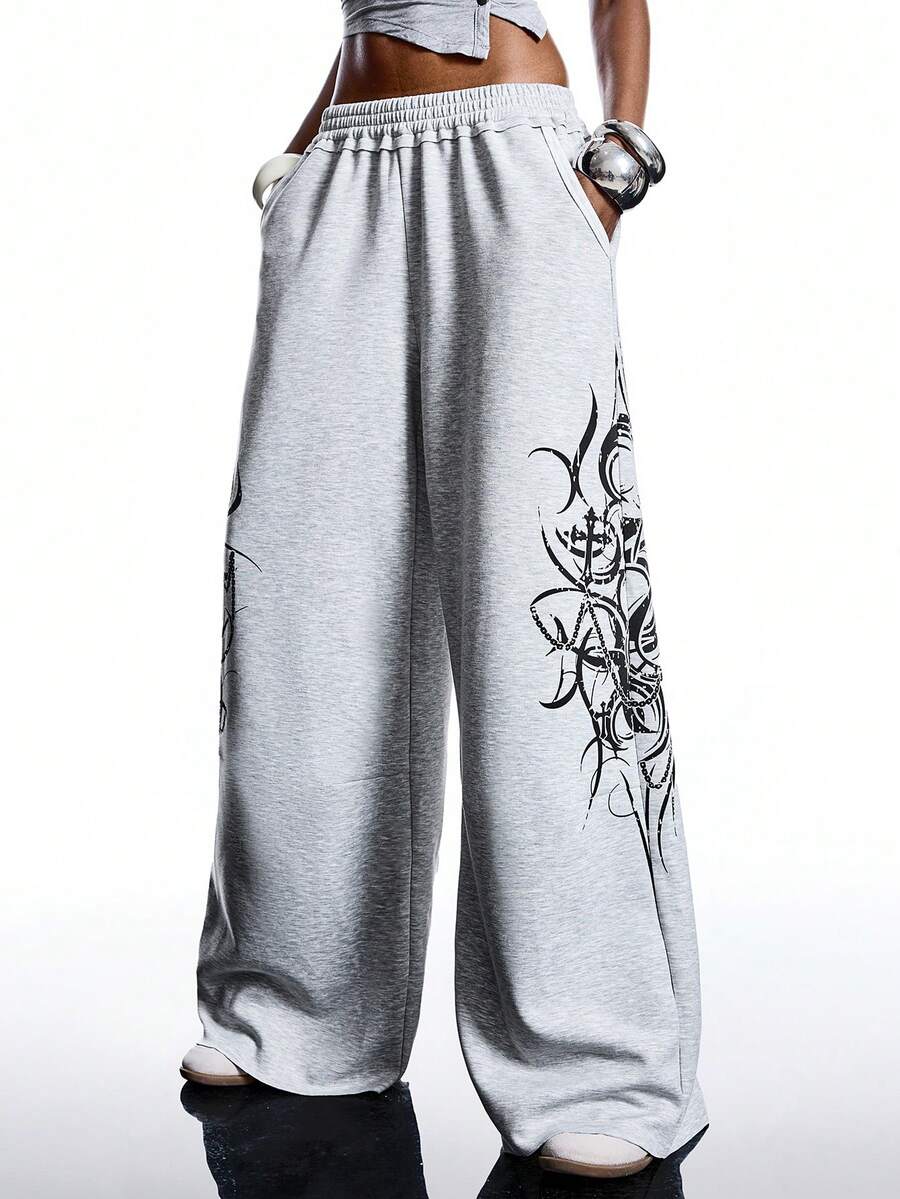 LYSMO 女士印花弹力腰带口袋阔腿宽松休闲运动裤 - 灰色 - 查看 1