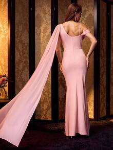 MOTF Soiréza WOMEN'S ELEGANT ASYMMETRICAL SHOULDER STRAP PARTY GOWN – FLOWING SINGLE-SIDED ULTRA-LONG SLEEVE, SPARKLY BEADED EMBELLISHMENTS & FITTED SILHOUETTE, PERFECT FOR FORMAL PARTIES, WEDDINGS & EVENTS, PAIR WITH STATEMENT JEWELRY, HEELS & CLUTCH - Pink - View 4