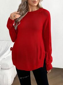 SHEIN Maternity Casual Solid Color Drawstring Crew Neck Long Sleeve Sweater, Autumn/Winter - Red - View 4