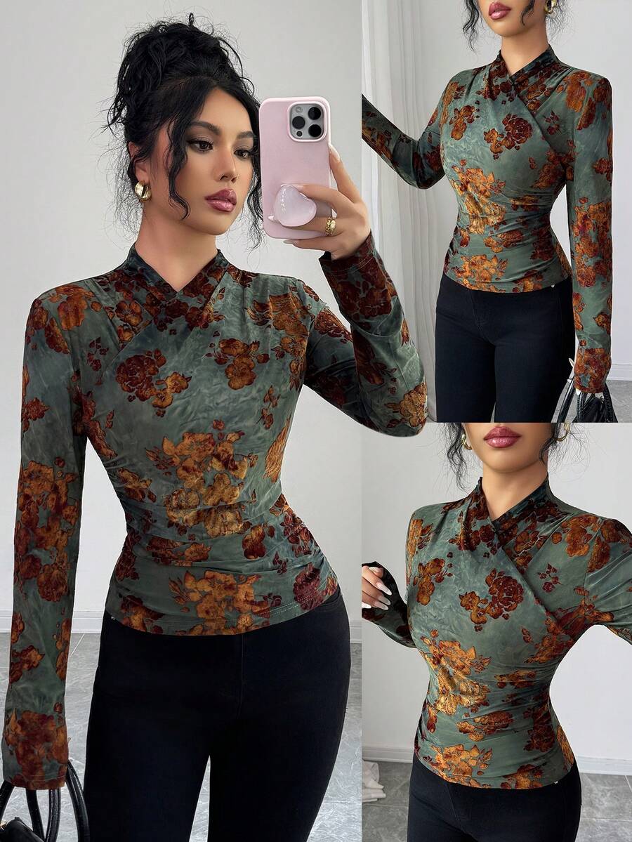 SHEIN PETITE Women's Elegant Tie-Dye Flocked Floral Print T-Shirt, Fitted Irregular Turtleneck Long Sleeve Tee, Women's Christmas & Halloween Party Top, Moss Green - Army Green - View 1