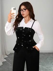 Elenzga Camizolă din catifea cu sclipici pentru femei, mărimi mari, elegantă pentru petrecere, cocktail, Revelion, bar, Crăciun, camizolă neagră strălucitoare versatilă - Negru - Vizualizare 5