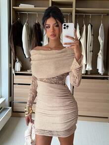 Siren Gaze Váy ngắn ren trễ vai, váy len thanh lịch mùa thu/đông, ôm sát và gợi cảm nhưng vẫn tinh tế, hoàn hảo cho các hoạt động ban đêm và thể hiện cá tính - Màu be - Xem 3