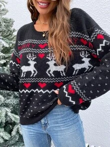 SHEIN LUNE Women's Oversized Reindeer Pattern Drop Shoulder Long Sleeve Sweater, Autumn/Winter - Black - View 6
