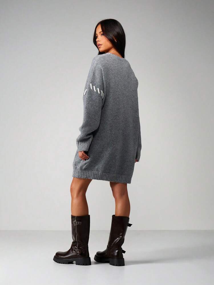 MISSGUIDED Oversized Chunky Knit Sweater Dress With Whip Stitch Detail Long Sleeve Mini Winter Comfort