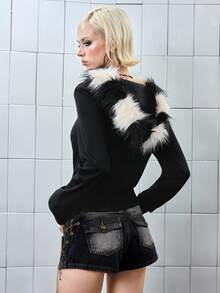 ROMWE J-Fashion Shibuya Girl Chic Bronze Rivet Contrast Fuzzy Trim Fitted Cropped Women Sweatshirt Jacket - Black - View 3