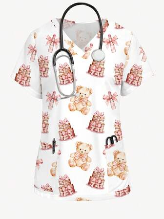 PopScrub 女士时尚V领短袖卡通熊、礼品和口红印花制服上衣