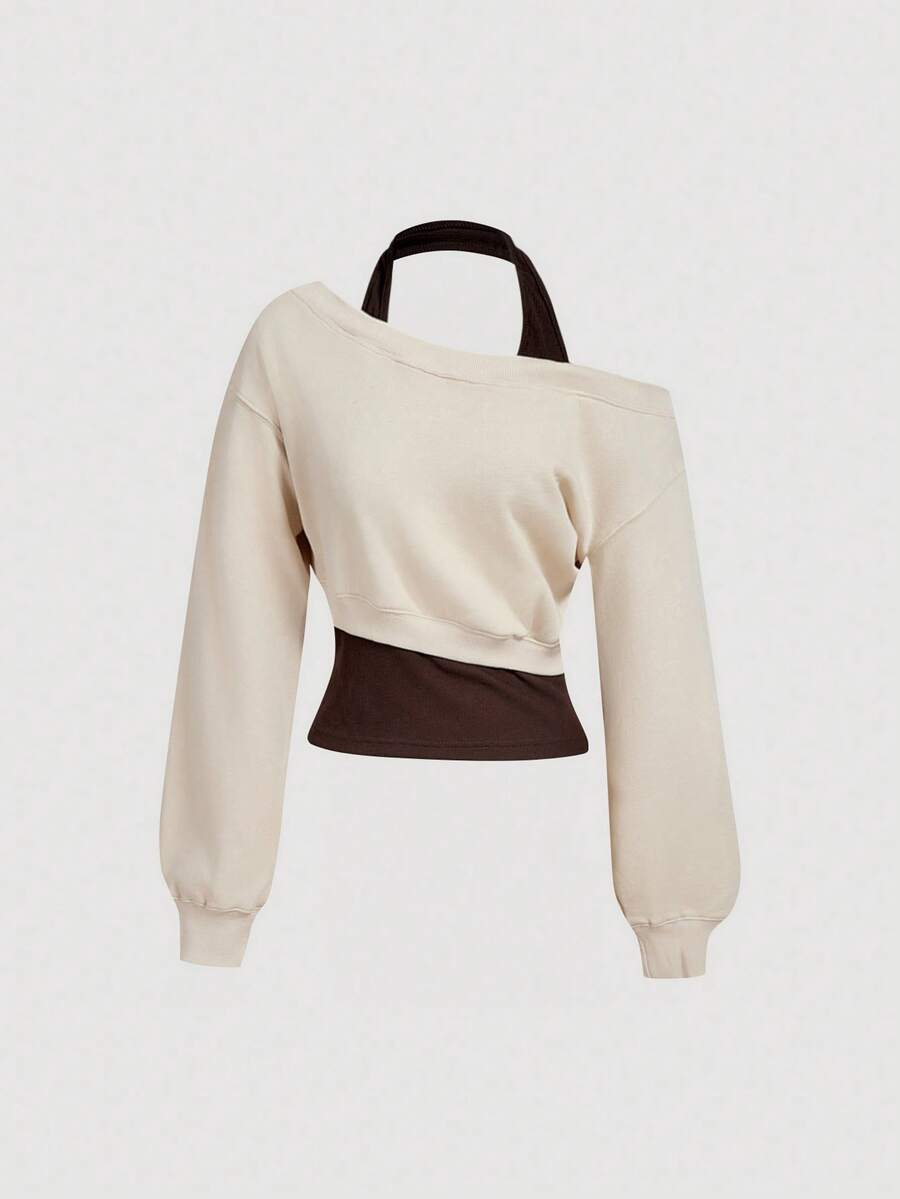 SHEIN MOD Áo nỉ cổ trụ màu xám 2 trong 1 dành cho nữ vào mùa thu/đông - Màu be - Xem 1