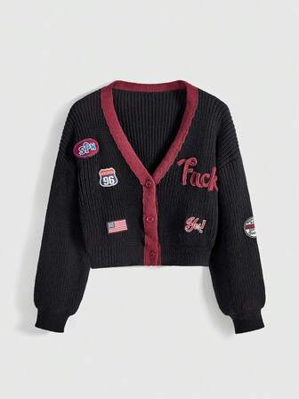 ROMWE Avant Damen Y2K Retro Jersey Sportlich Ballett Ästhetik Slogan Logo bestickte Strickjacke