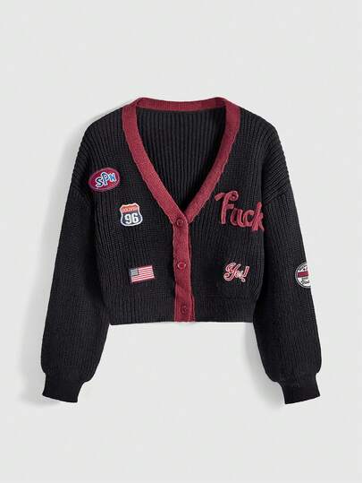 ROMWE Avant Women's Y2K Retro Jersey Sporty Ballet Aesthetic Slogan Logo Embroidered Cardigan