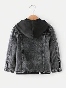 SHEIN Young Boy Fashion Casual Gray Knit Hooded Spliced Blue Denim Long Sleeve Ripped Jacket For Dailywear And Fall Boys Clothes - Grey - View 2