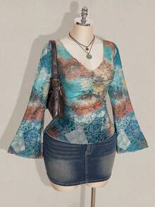 SHEIN ICON PlPlus Size Sexy Fashion Bohemian Western Style Y2K Millennium Style Blue And Orange Exotic Pattern V-Neck Ruffled Bell Sleeve Mesh Semi-Sheer Top - Blue - View 8