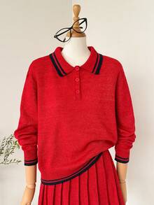 Muvela 女士高领长袖羊毛衫，复古学院风，休闲舒适，适合日常穿着、返校季、下午茶、营造复古氛围、秋季和圣诞节。 - 紅色 - 查看 4