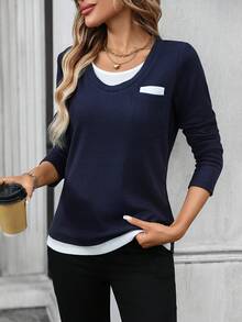 EMERY ROSE Áo thun chắp vá màu sắc thường ngày dành cho nữ, mùa thu - Màu xanh hải quân - Xem 3