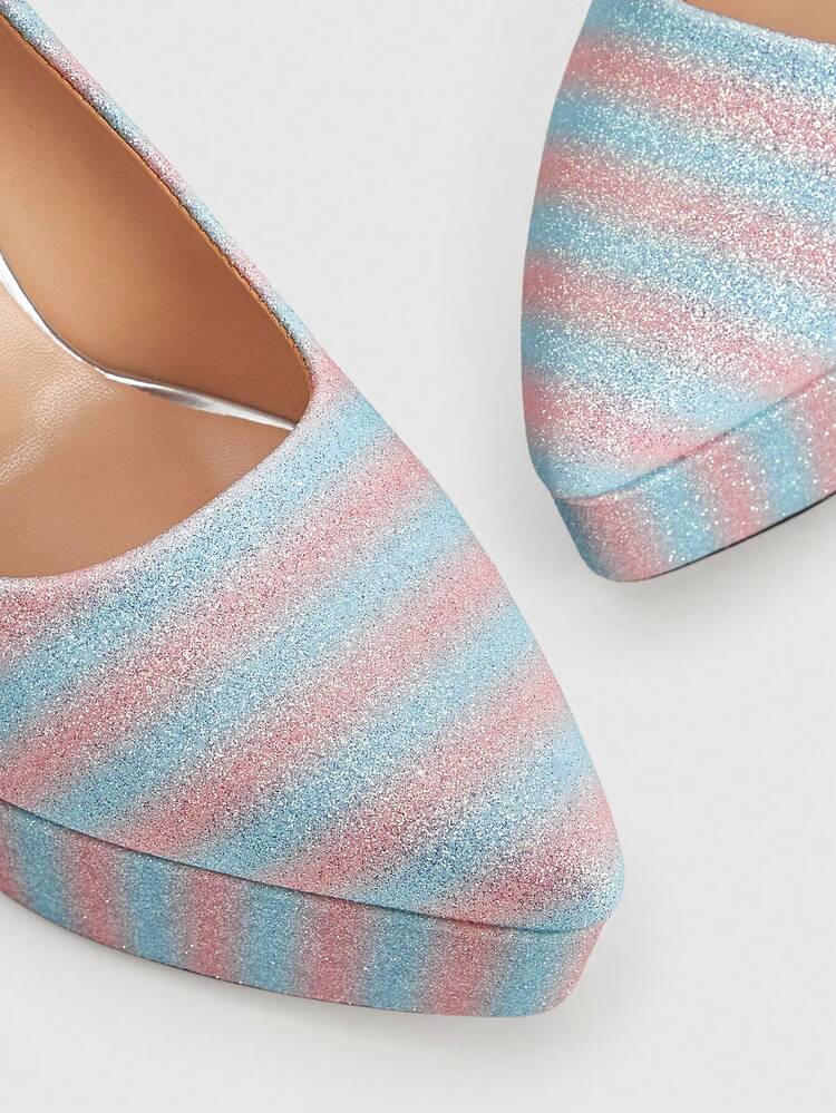 CUCCOO LuxiPop Women's Fashionable Elegant Party Glitter Stripe Waterproof Platform Pumps For Christmas