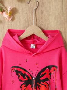 SHEIN Tween Girl Butterfly Print Patchwork Fishnet Drop Shoulder Casual Sweatshirt - Rose Red - View 3